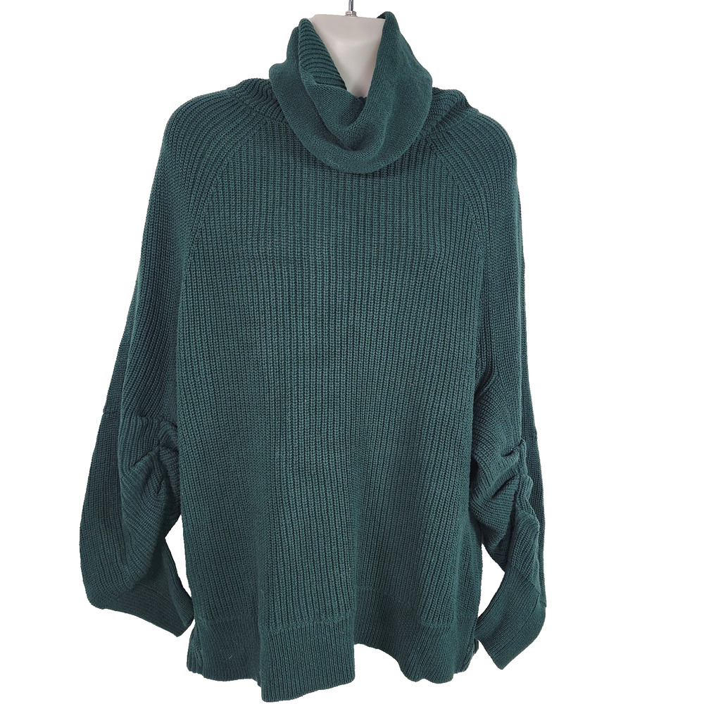Cabi Women Pullover Sweater Small Green Knit Ruched Sleeve Cowl Neck Cotton 3532